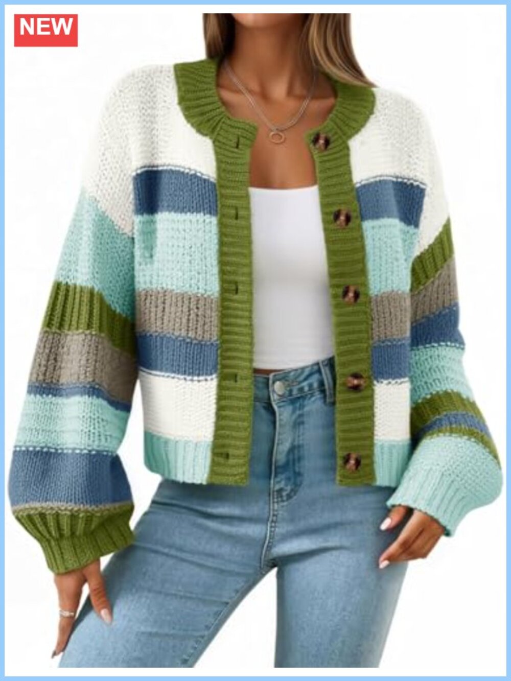 Oversized Striped Chunky Knit Cardigan with Button Closure, Long Lantern